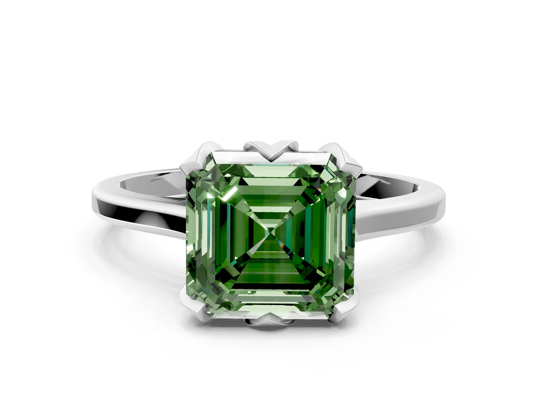 White gold Fancy Green Asscher Cut Diamond Solitaire Ring with Flower Prong Setting and Classic Band_60