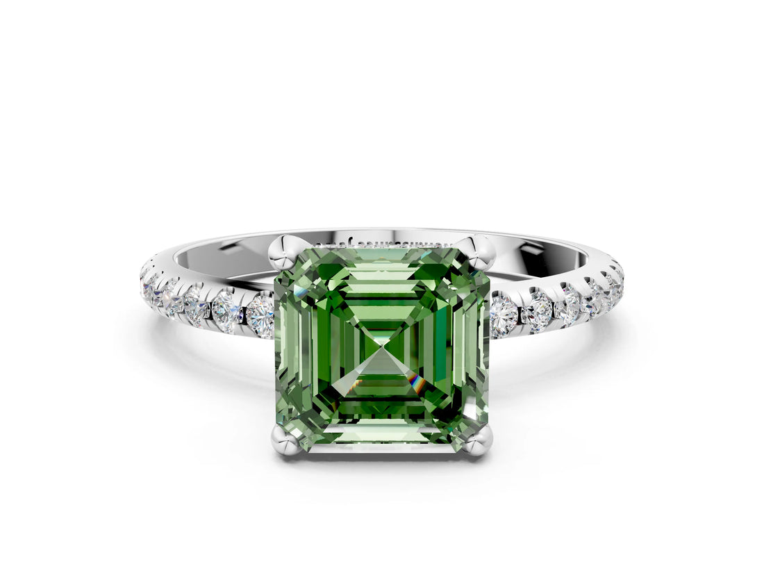 White gold Fancy Green Asscher Cut Diamond Solitaire Ring with Four-Prong Setting and Pavé Band_3