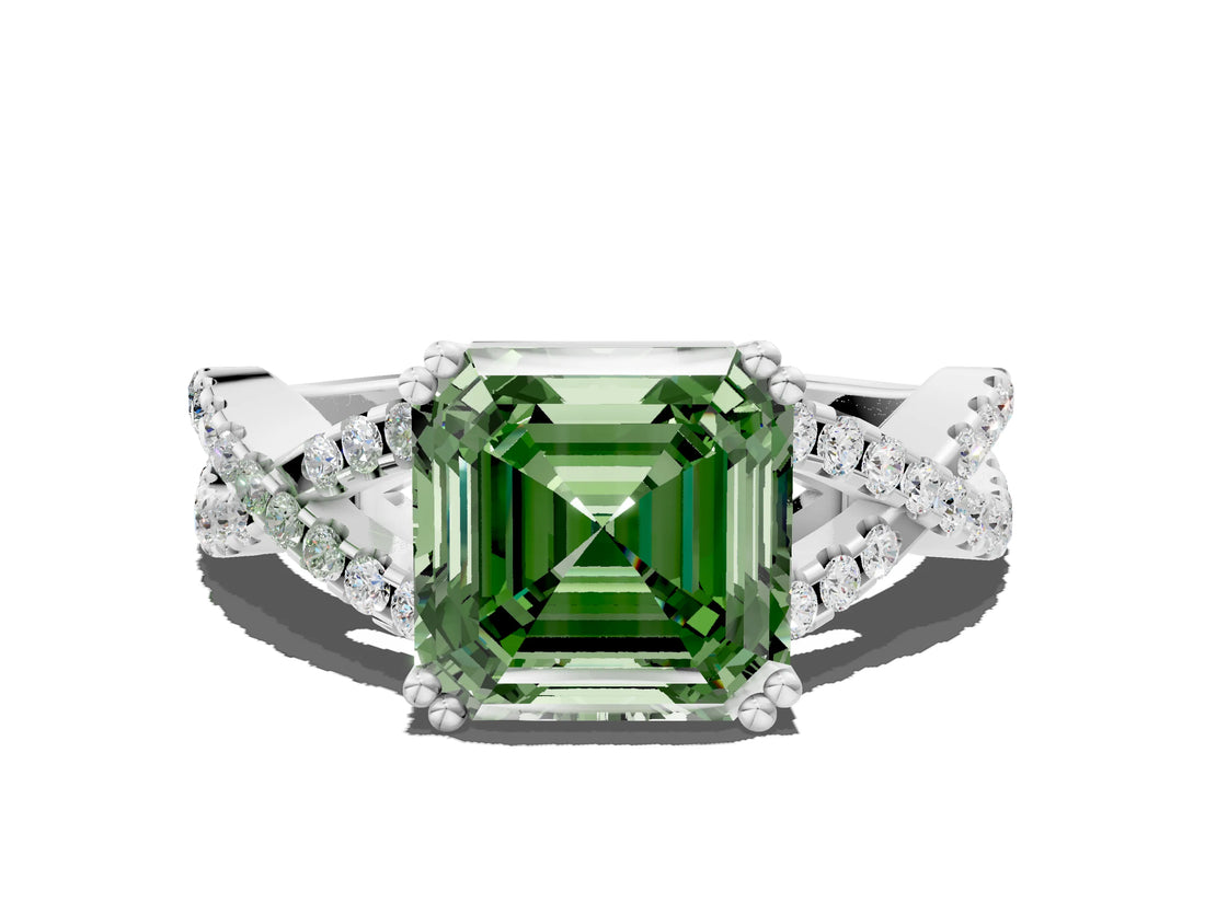 White gold Fancy Green Asscher Cut Diamond Solitaire Ring with Four-Prong Setting and Twisted Pavé Band_17