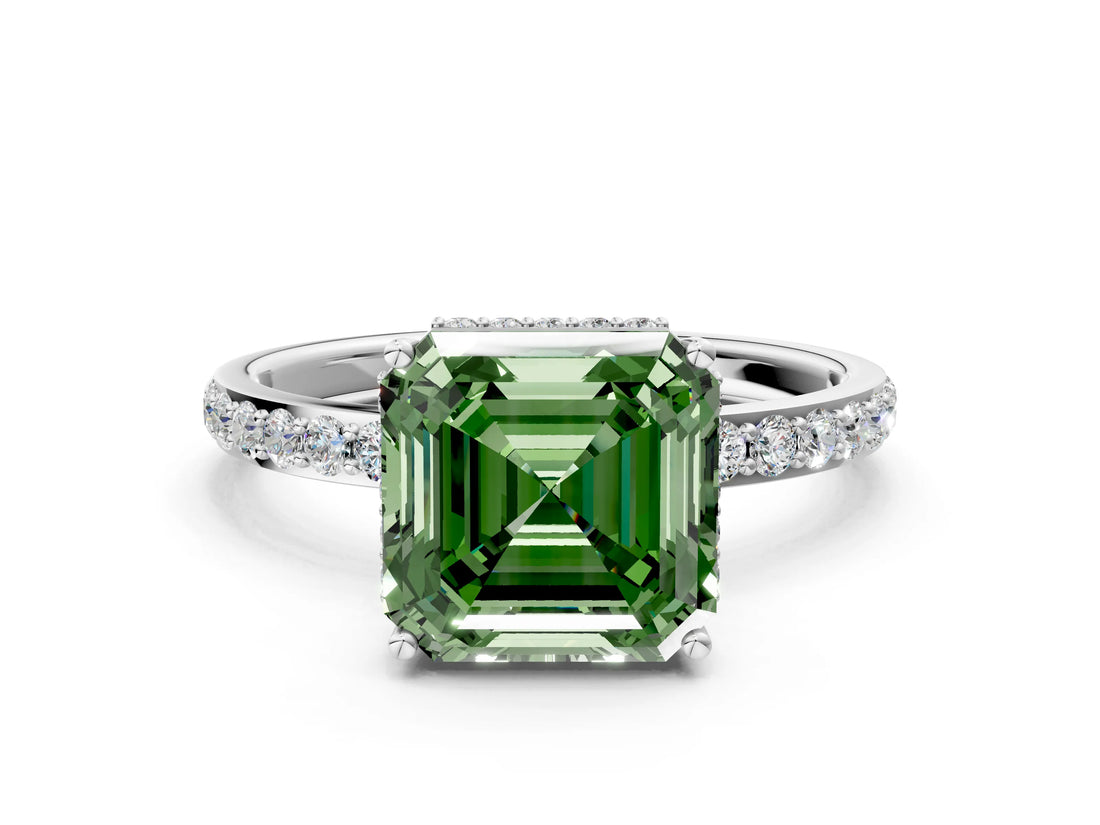 White gold Fancy Green Asscher Cut Diamond Solitaire Ring with Pavé Band and Hidden Halo_32