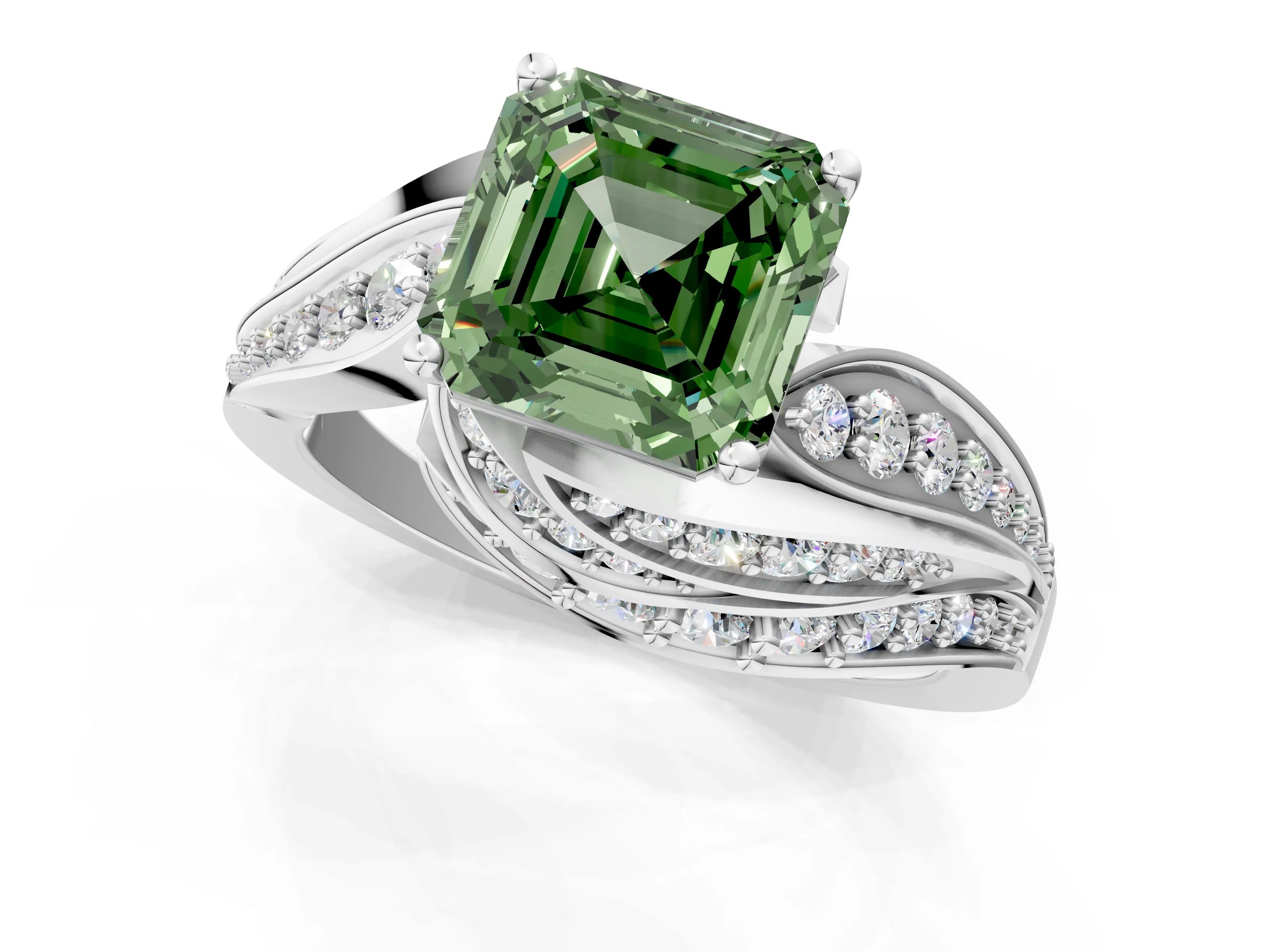 White gold Fancy Green Asscher Cut Diamond Solitaire Ring with Prong Setting and Twisted Pavé Band_1