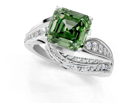 White gold Fancy Green Asscher Cut Diamond Solitaire Ring with Prong Setting and Twisted Pavé Band_1