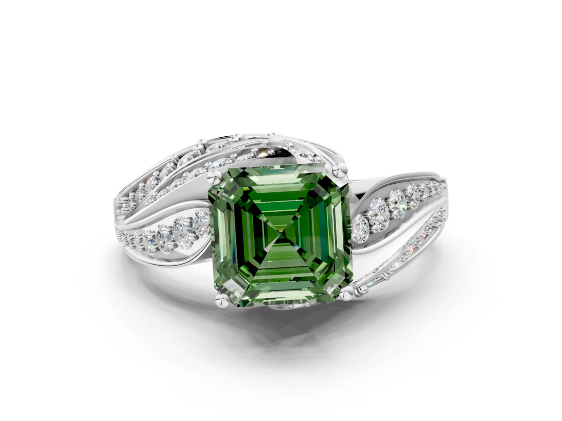 White gold Fancy Green Asscher Cut Diamond Solitaire Ring with Prong Setting and Twisted Pavé Band_24