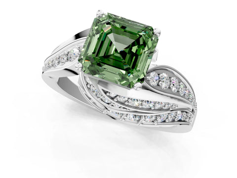 White gold Fancy Green Asscher Cut Diamond Solitaire Ring with Prong Setting and Twisted Pavé Band_25