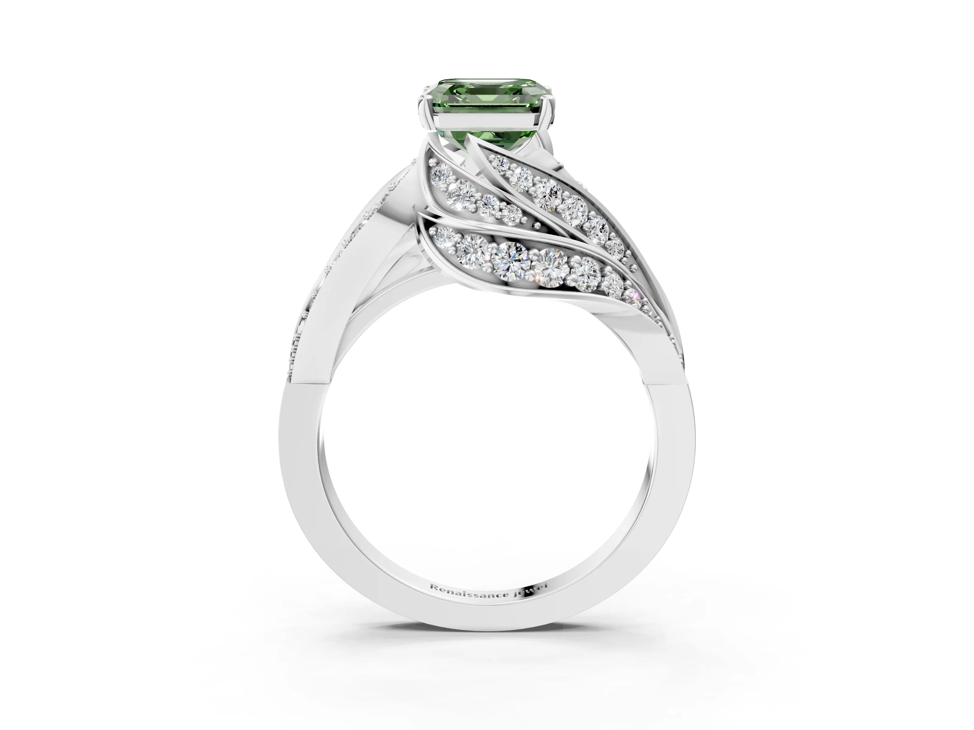 White gold Fancy Green Asscher Cut Diamond Solitaire Ring with Prong Setting and Twisted Pavé Band_27