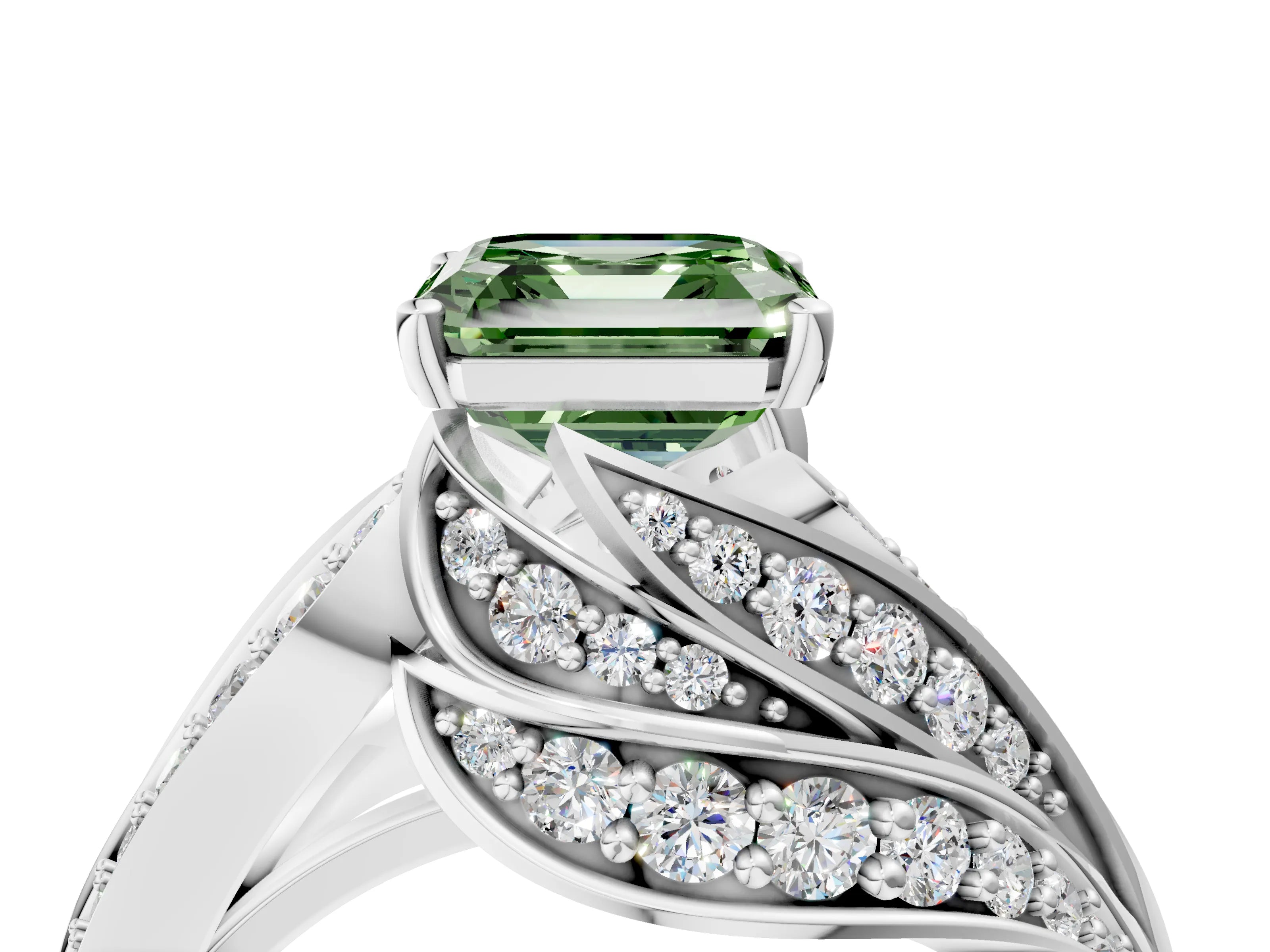 White gold Fancy Green Asscher Cut Diamond Solitaire Ring with Prong Setting and Twisted Pavé Band_28