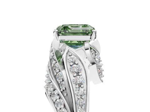 White gold Fancy Green Asscher Cut Diamond Solitaire Ring with Prong Setting and Twisted Pavé Band_29