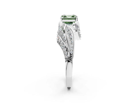 White gold Fancy Green Asscher Cut Diamond Solitaire Ring with Prong Setting and Twisted Pavé Band_2