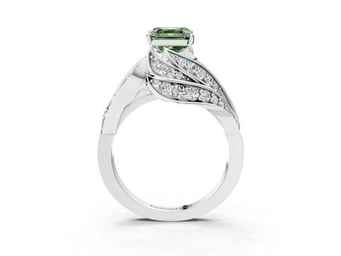 White gold Fancy Green Asscher Cut Diamond Solitaire Ring with Prong Setting and Twisted Pavé Band_3