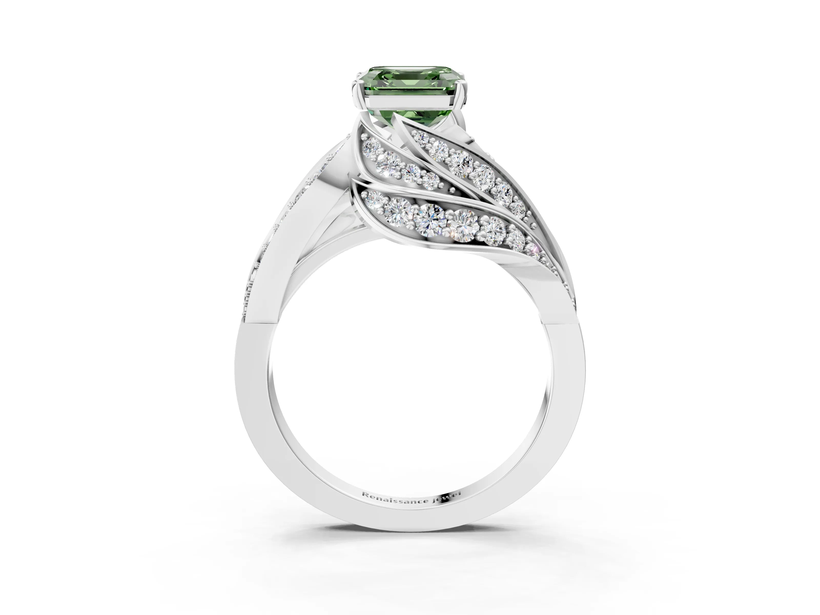 White gold Fancy Green Asscher Cut Diamond Solitaire Ring with Prong Setting and Twisted Pavé Band_3