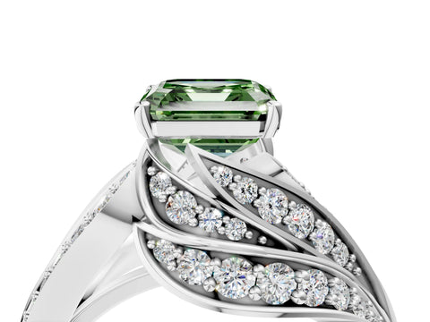 White gold Fancy Green Asscher Cut Diamond Solitaire Ring with Prong Setting and Twisted Pavé Band_4