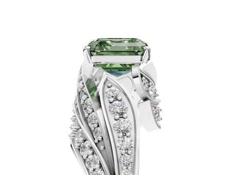 White gold Fancy Green Asscher Cut Diamond Solitaire Ring with Prong Setting and Twisted Pavé Band_5
