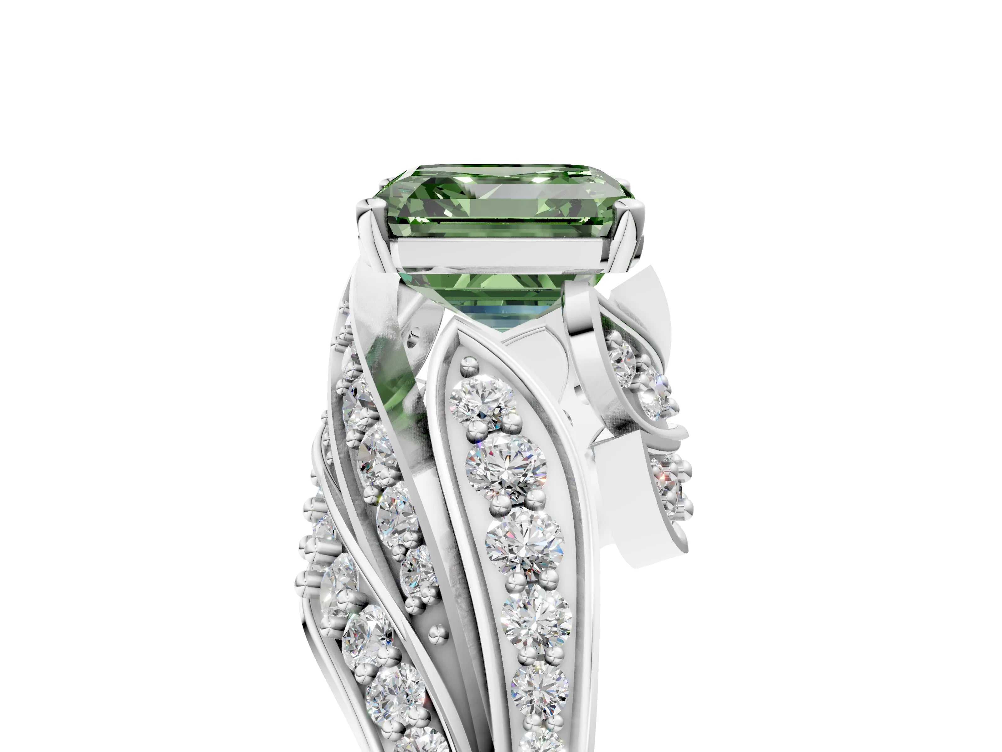 White gold Fancy Green Asscher Cut Diamond Solitaire Ring with Prong Setting and Twisted Pavé Band_5