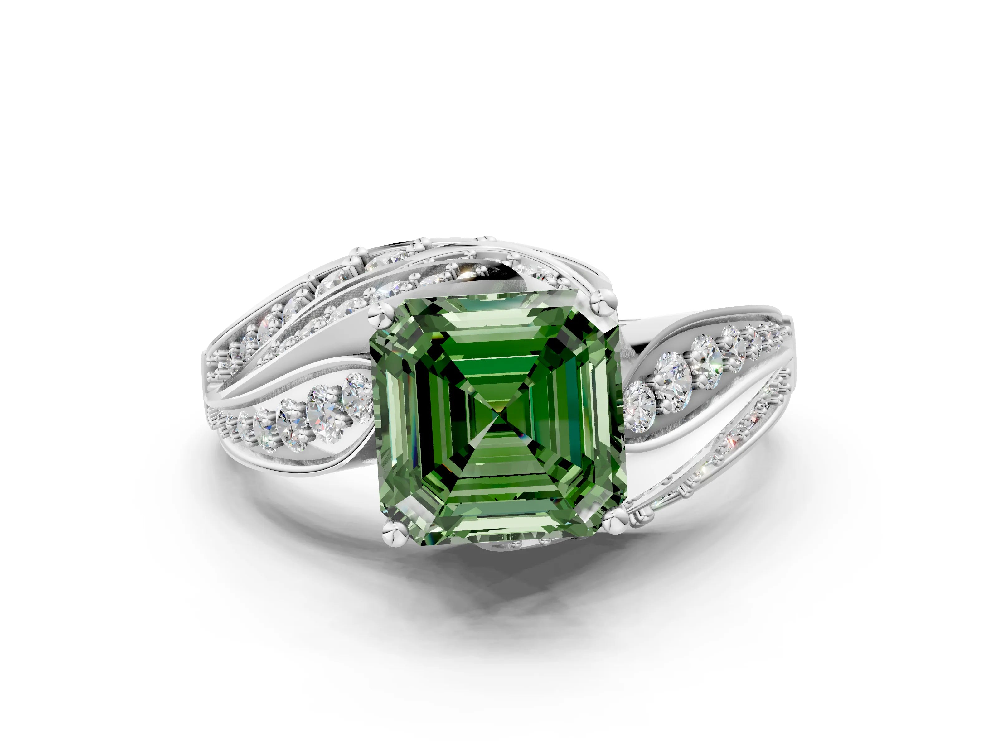 White gold Fancy Green Asscher Cut Diamond Solitaire Ring with Prong Setting and Twisted Pavé Band
