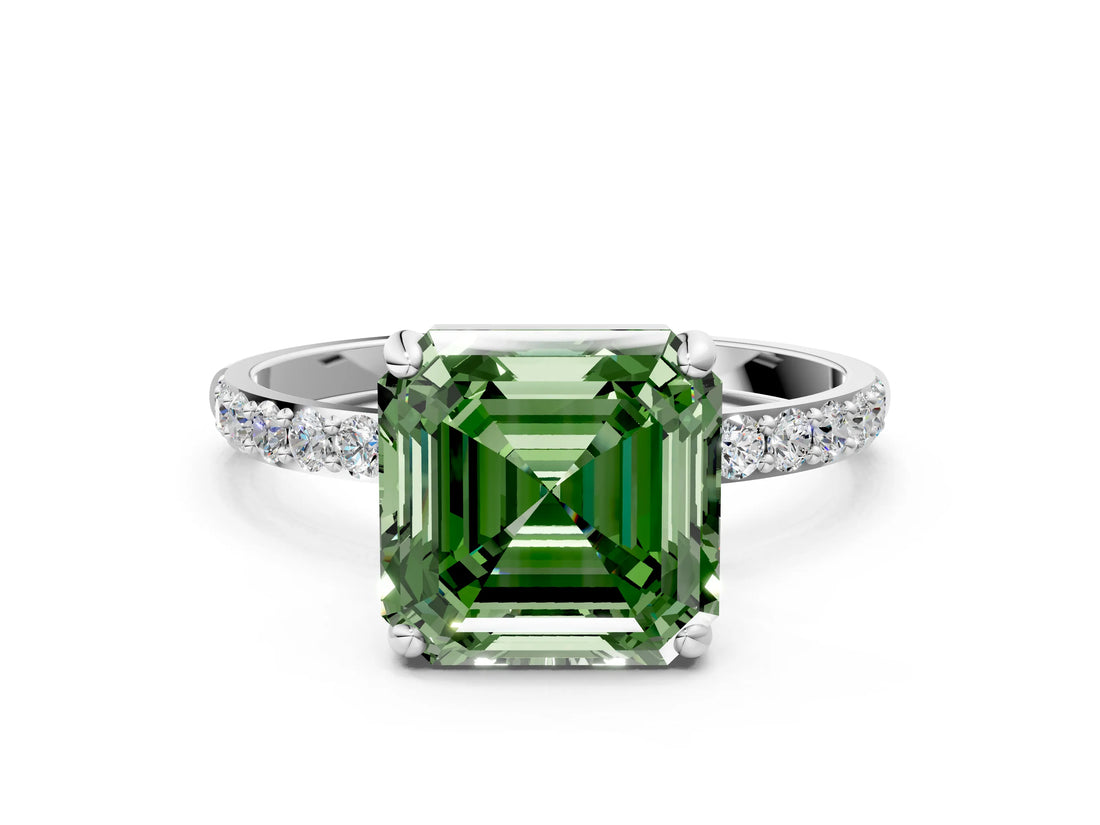 White gold Fancy Green Asscher Cut Diamond Solitaire Ring with Round  Pavé Band and Prong Setting_65