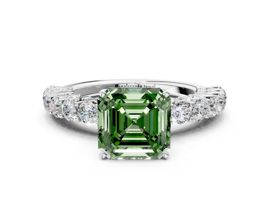 White gold Fancy Green Asscher Cut Diamond Solitaire Ring with Shared Prong Pavé Band and Four-Prong Setting_16