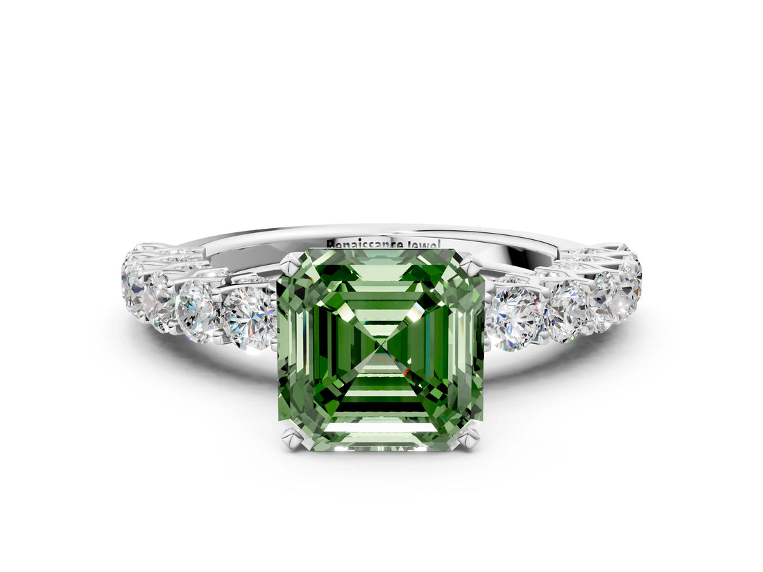 White gold Fancy Green Asscher Cut Diamond Solitaire Ring with Shared Prong Pavé Band and Four-Prong Setting_29