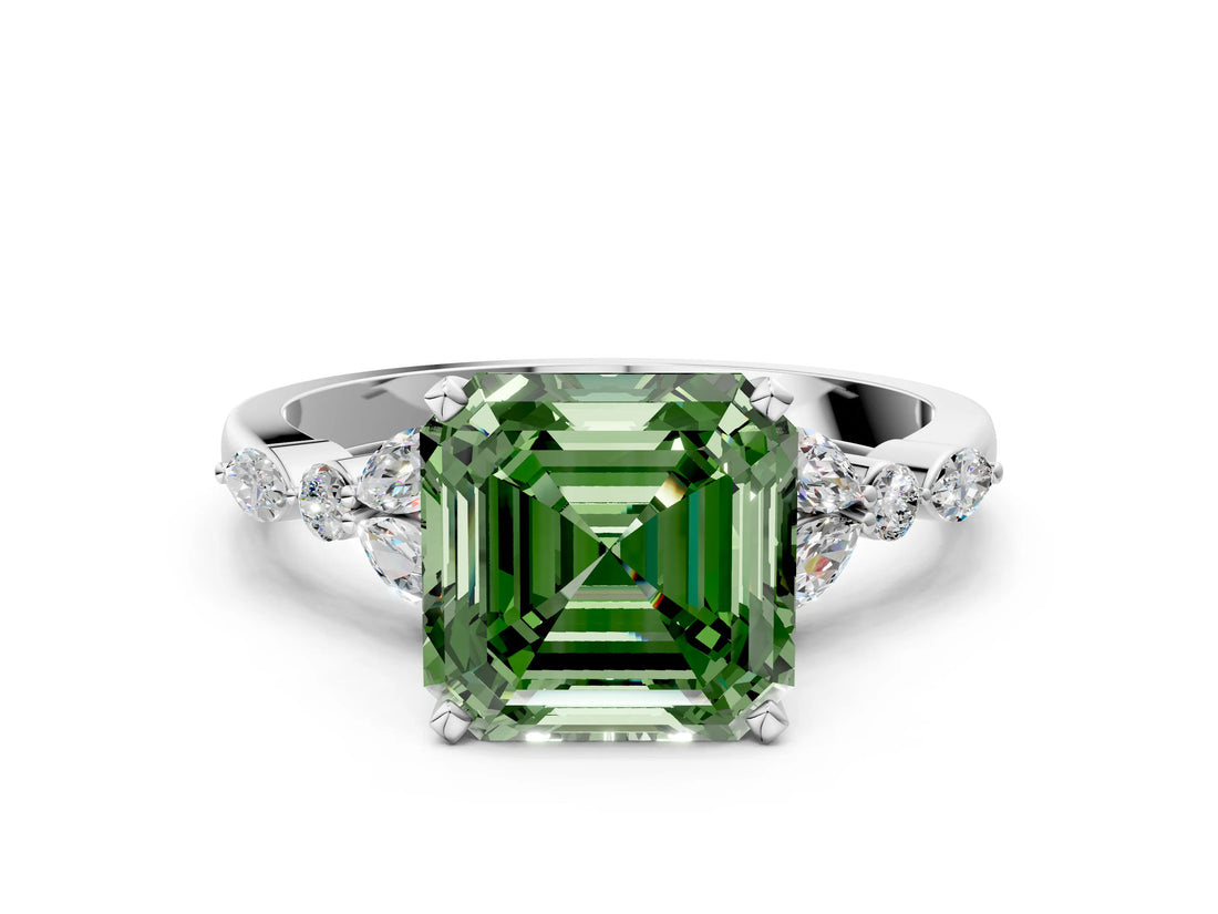 White gold Fancy Green Asscher Cut Diamond Solitaire Ring with Side Stones and Four-Prong Setting_65