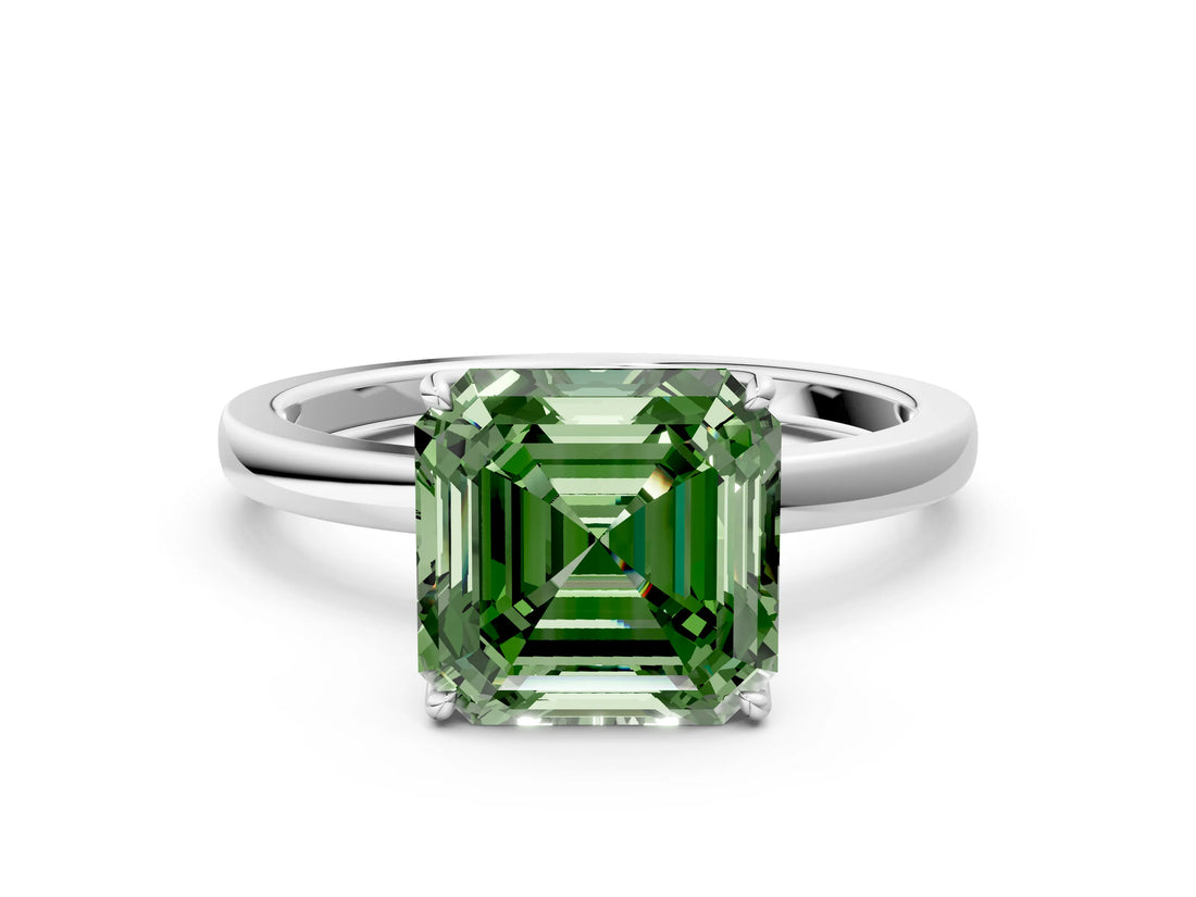 White gold Fancy Green Asscher Cut Diamond Solitaire Ring with Thin Band and Prong Setting_15