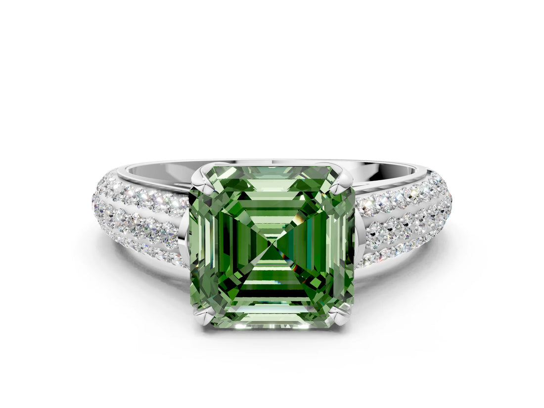 White gold Fancy Green Asscher Cut Diamond Solitaire Ring with Three-Row Pavé Band and Four-Prong Setting_41