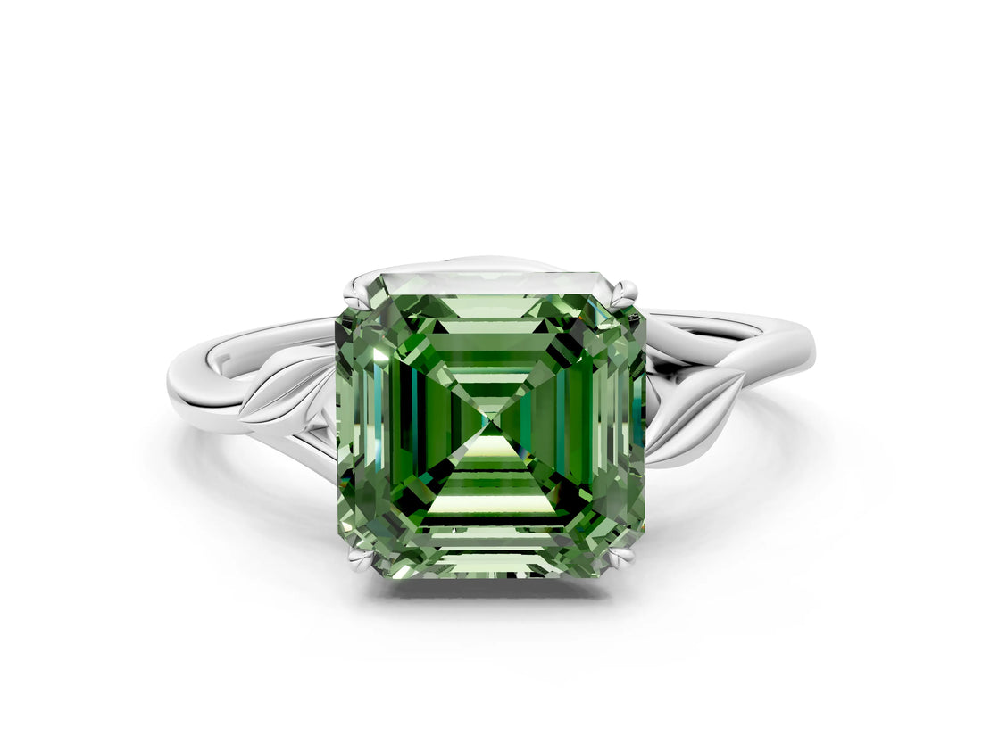 White gold Fancy Green Asscher Cut Diamond Solitaire Ring with Twist Band and Four-Prong Setting_53
