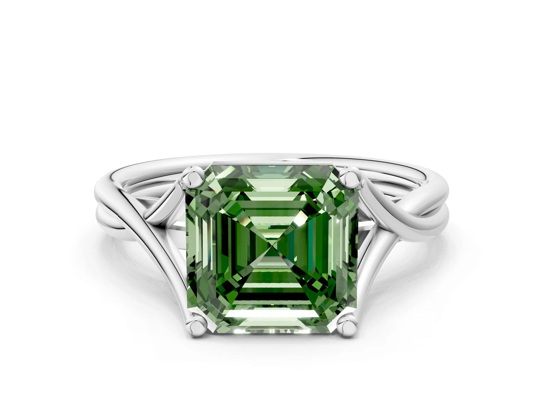 White gold Fancy Green Asscher Cut Diamond Solitaire Twist Band Prong Setting Ring_55