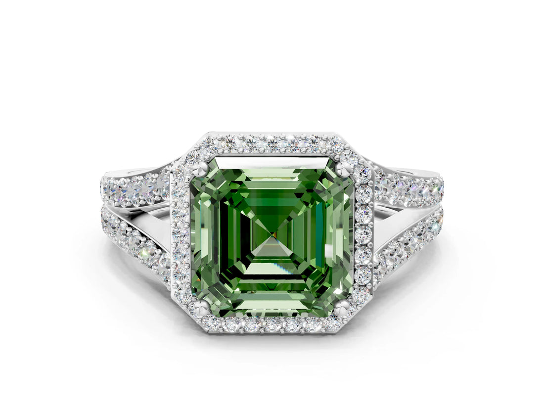 White gold Fancy Green Asscher Cut Diamond Split Shank Halo Ring with Four-Prong Setting_58