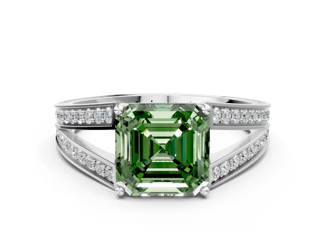 White gold Fancy Green Asscher Cut Diamond Split Shank Ring with Pavé Band and Four-Prong Setting_34