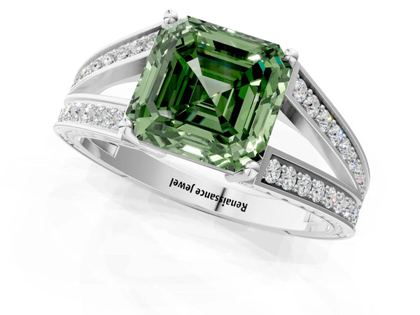 Sterling Silver Asscher Cut Pave Split Shank Engagement Ring Setting for Fancy Green Center