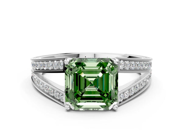 White Gold Asscher Cut Pave Split Shank Engagement Ring Setting for Fancy Green Center