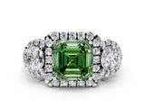 White gold Fancy Green Asscher Cut Diamond Three-Stone Halo Ring with Prong Setting and Pavé Accents