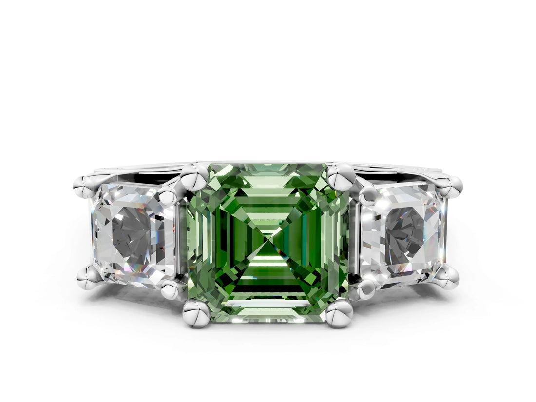 White gold Fancy Green Asscher Cut Diamond Three-Stone Ring with Channel Set Band and Four-Prong Setting_93