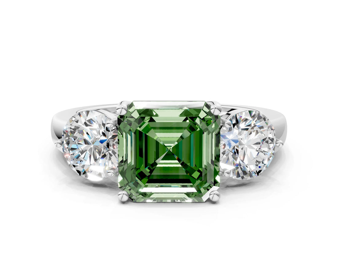 White gold Fancy Green Asscher Cut Diamond Three-Stone Ring with Prong Setting and Classic Band_51