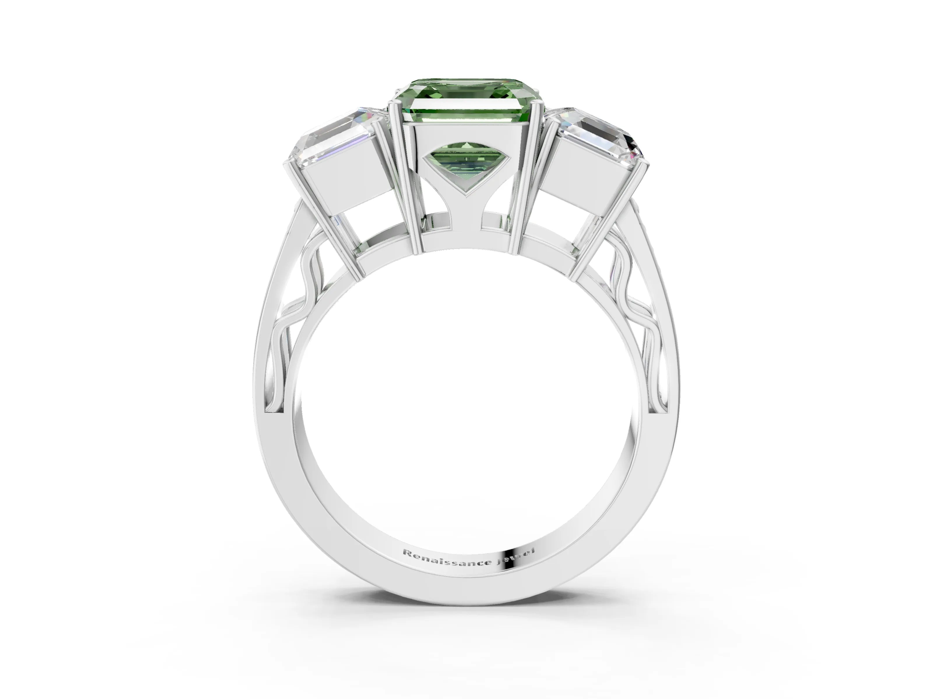 White gold Fancy Green Asscher Cut Diamond Three-Stone Ring with Prong Setting and Textured Band_15