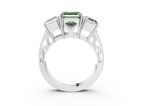 White gold Fancy Green Asscher Cut Diamond Three-Stone Ring with Prong Setting and Textured Band_15