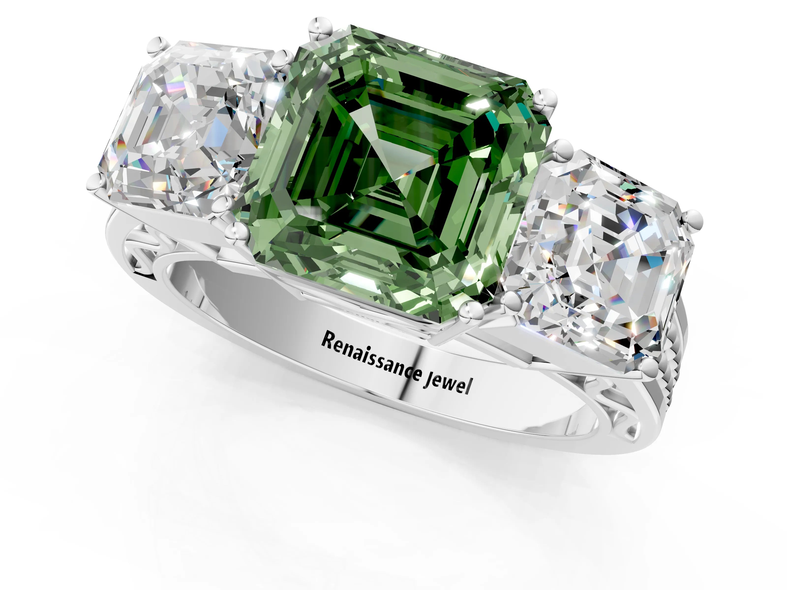 White gold Fancy Green Asscher Cut Diamond Three-Stone Ring with Prong Setting and Textured Band_25
