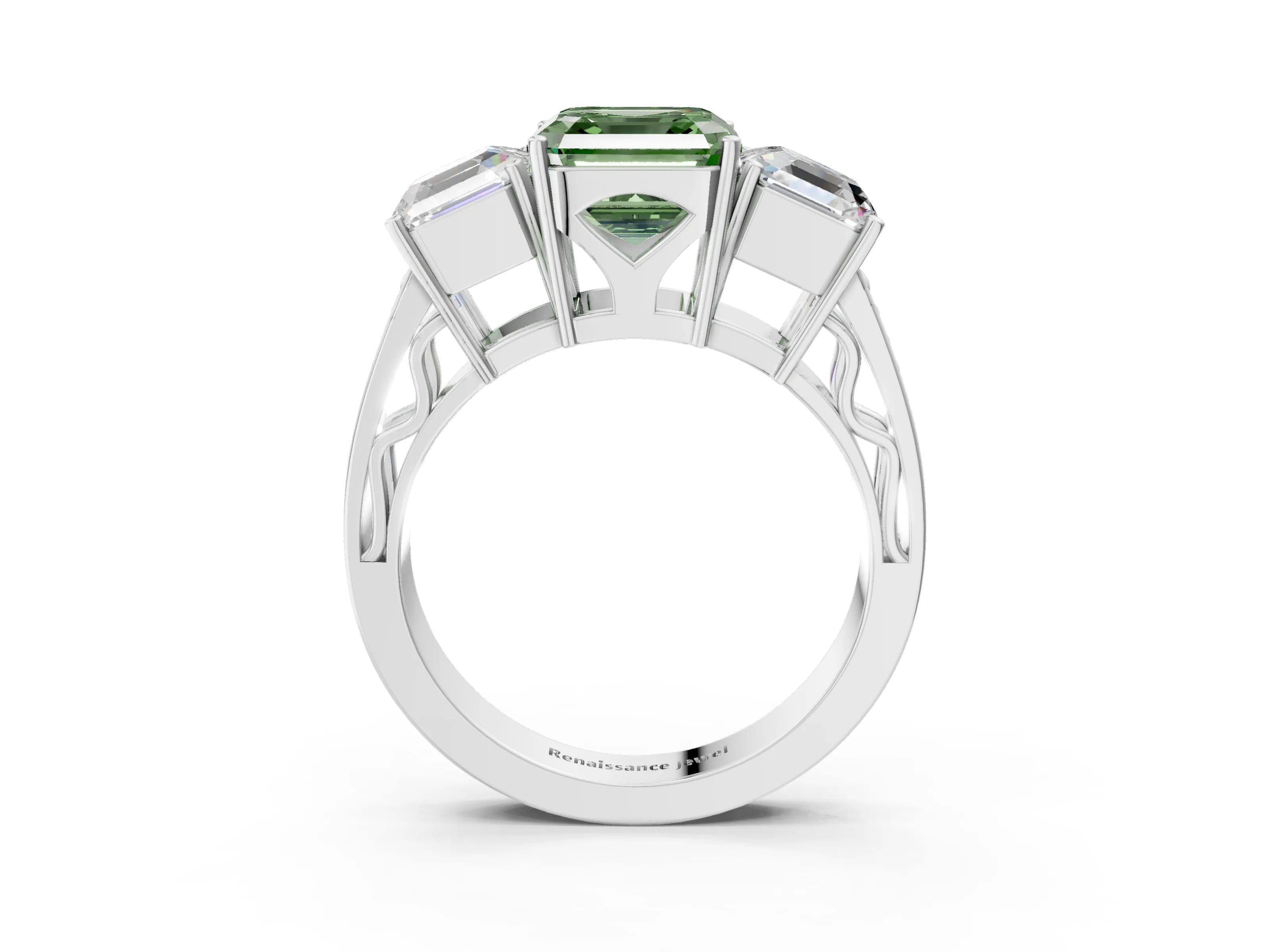 White gold Fancy Green Asscher Cut Diamond Three-Stone Ring with Prong Setting and Textured Band_27