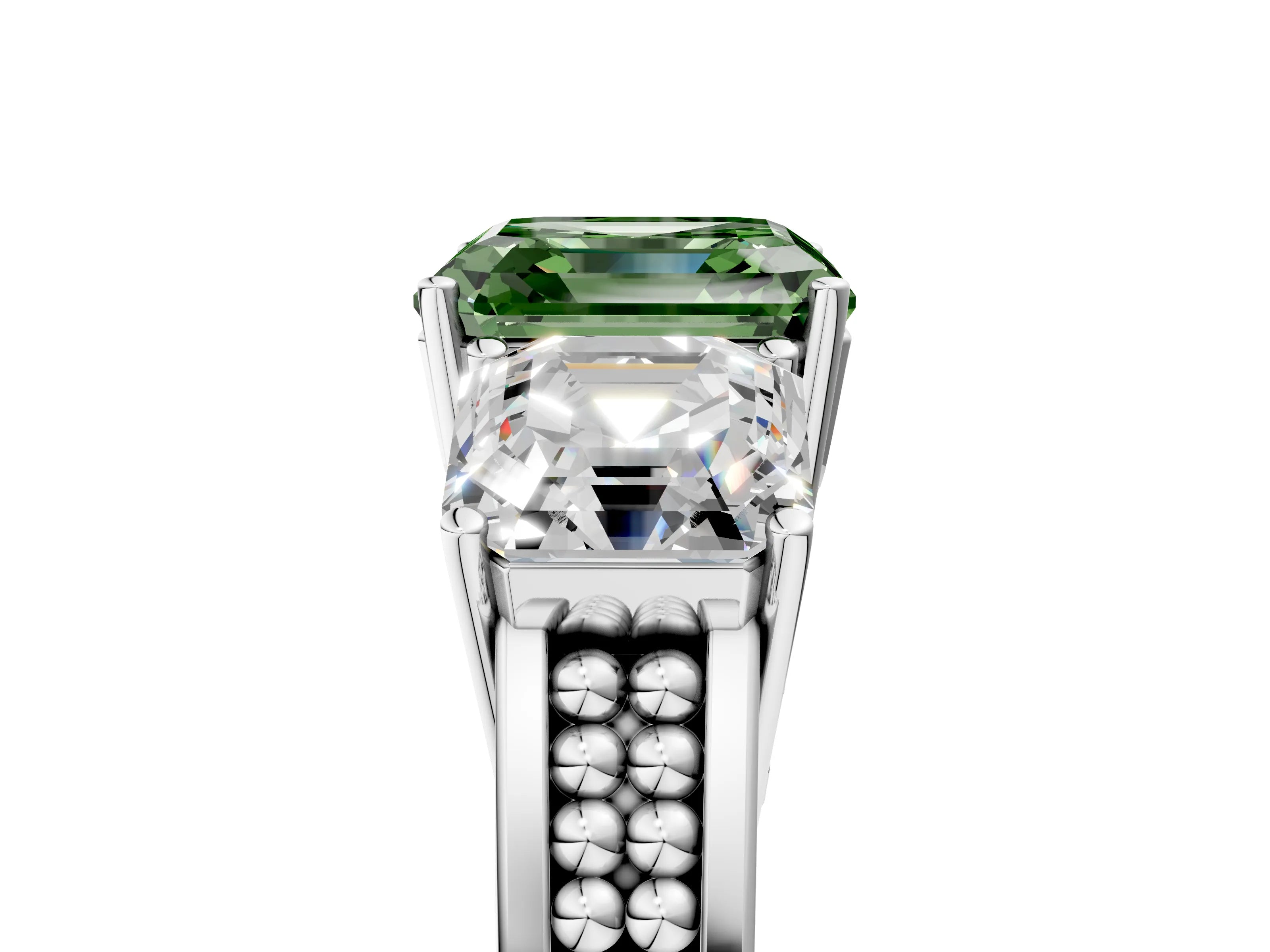 White gold Fancy Green Asscher Cut Diamond Three-Stone Ring with Prong Setting and Textured Band_29