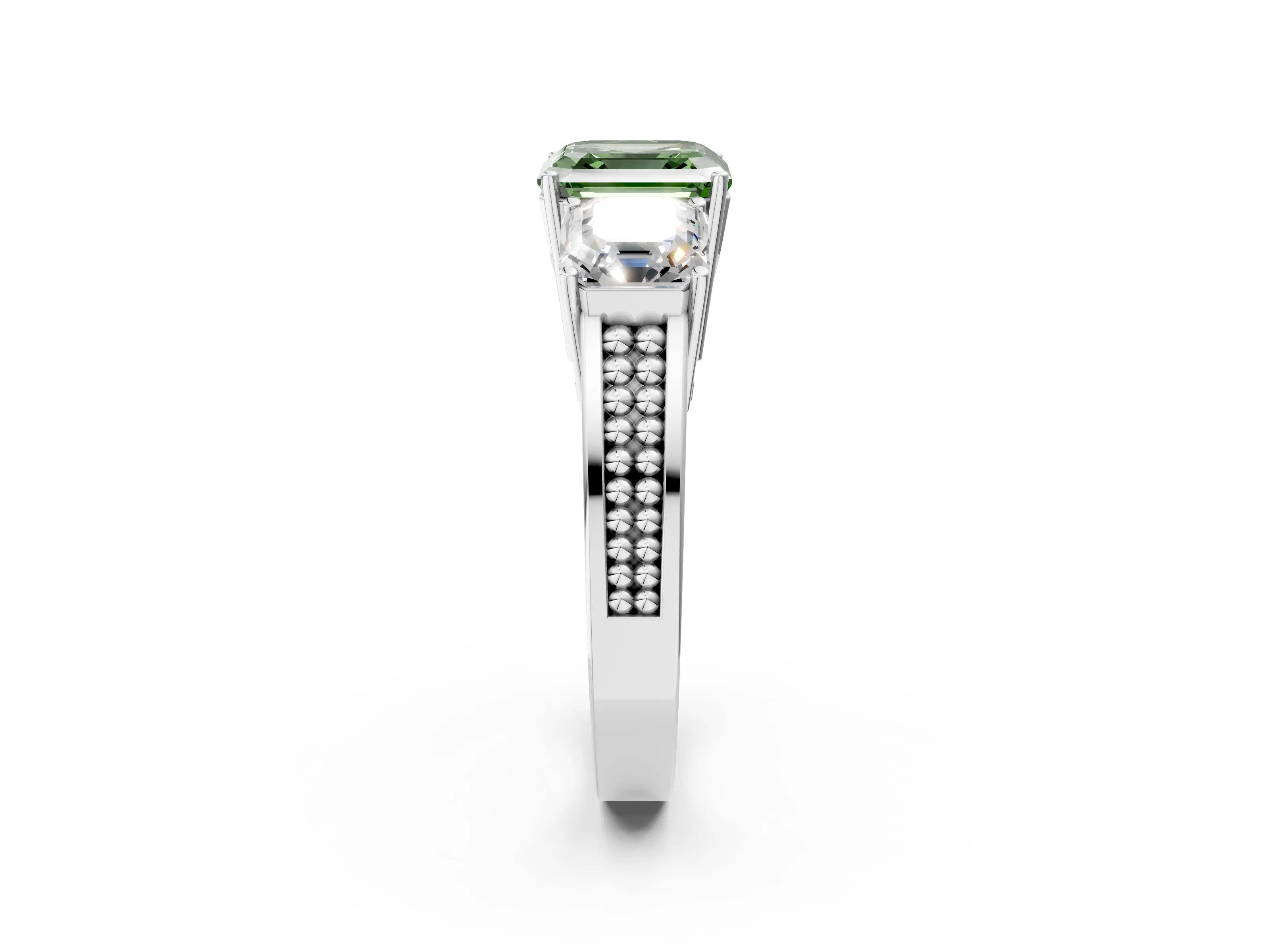 White gold Fancy Green Asscher Cut Diamond Three-Stone Ring with Prong Setting and Textured Band_32