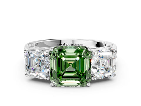 White gold Fancy Green Asscher Cut Diamond Three-Stone Ring with Prong Setting and Textured Band_35