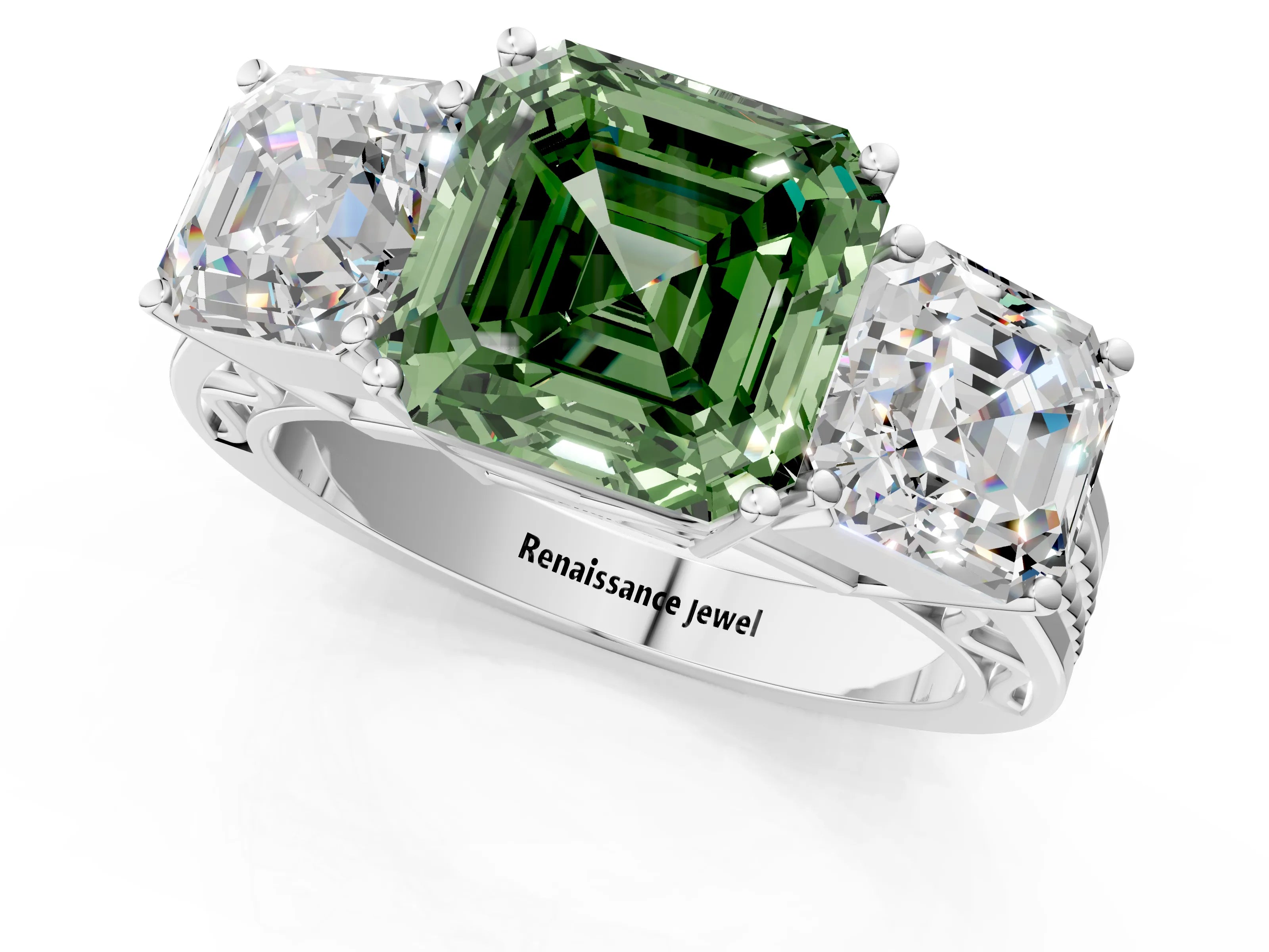White gold Fancy Green Asscher Cut Diamond Three-Stone Ring with Prong Setting and Textured Band_36