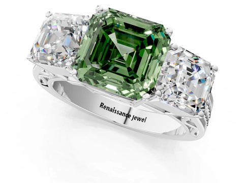 White gold Fancy Green Asscher Cut Diamond Three-Stone Ring with Prong Setting and Textured Band_36