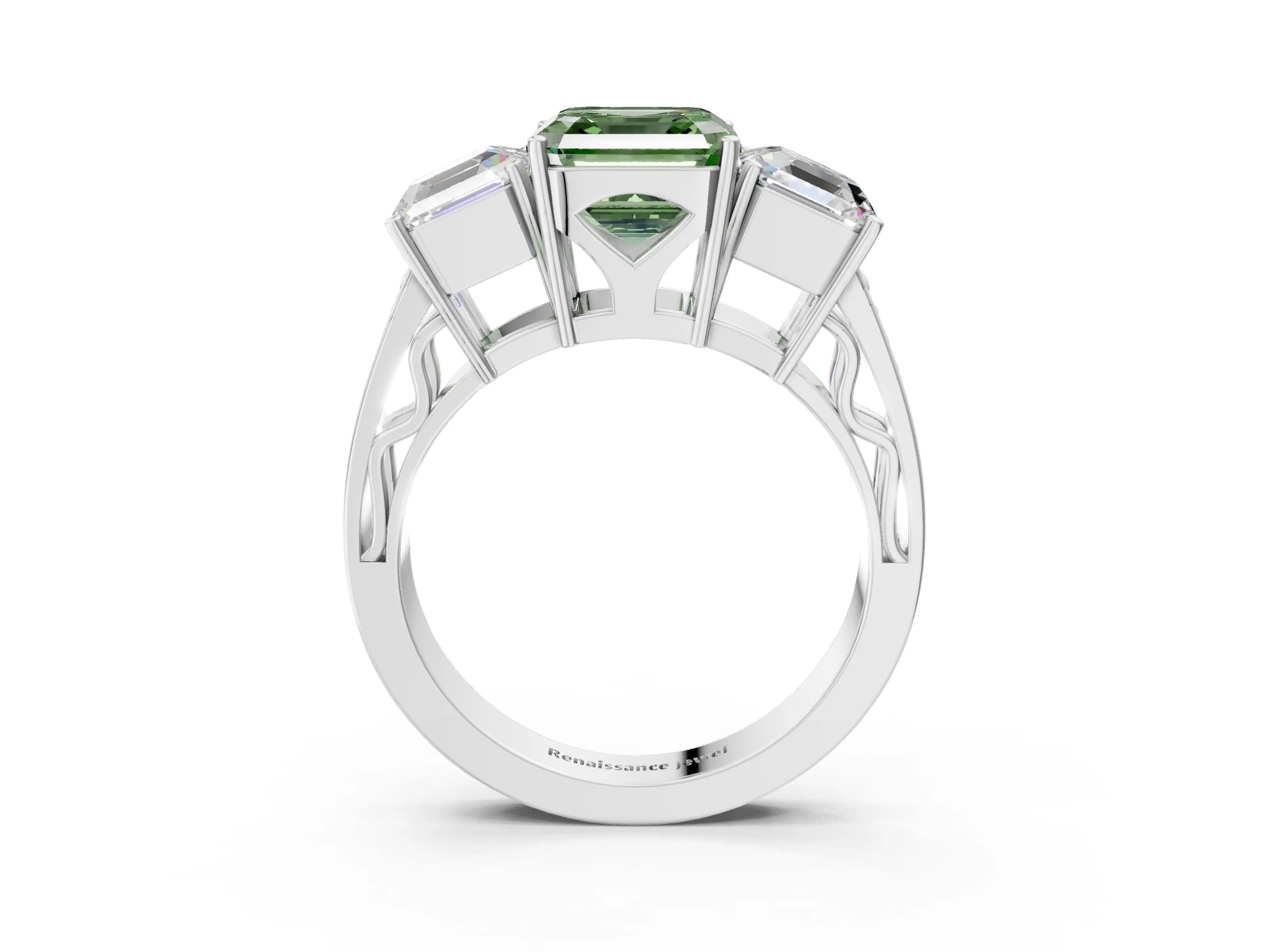 White gold Fancy Green Asscher Cut Diamond Three-Stone Ring with Prong Setting and Textured Band_38