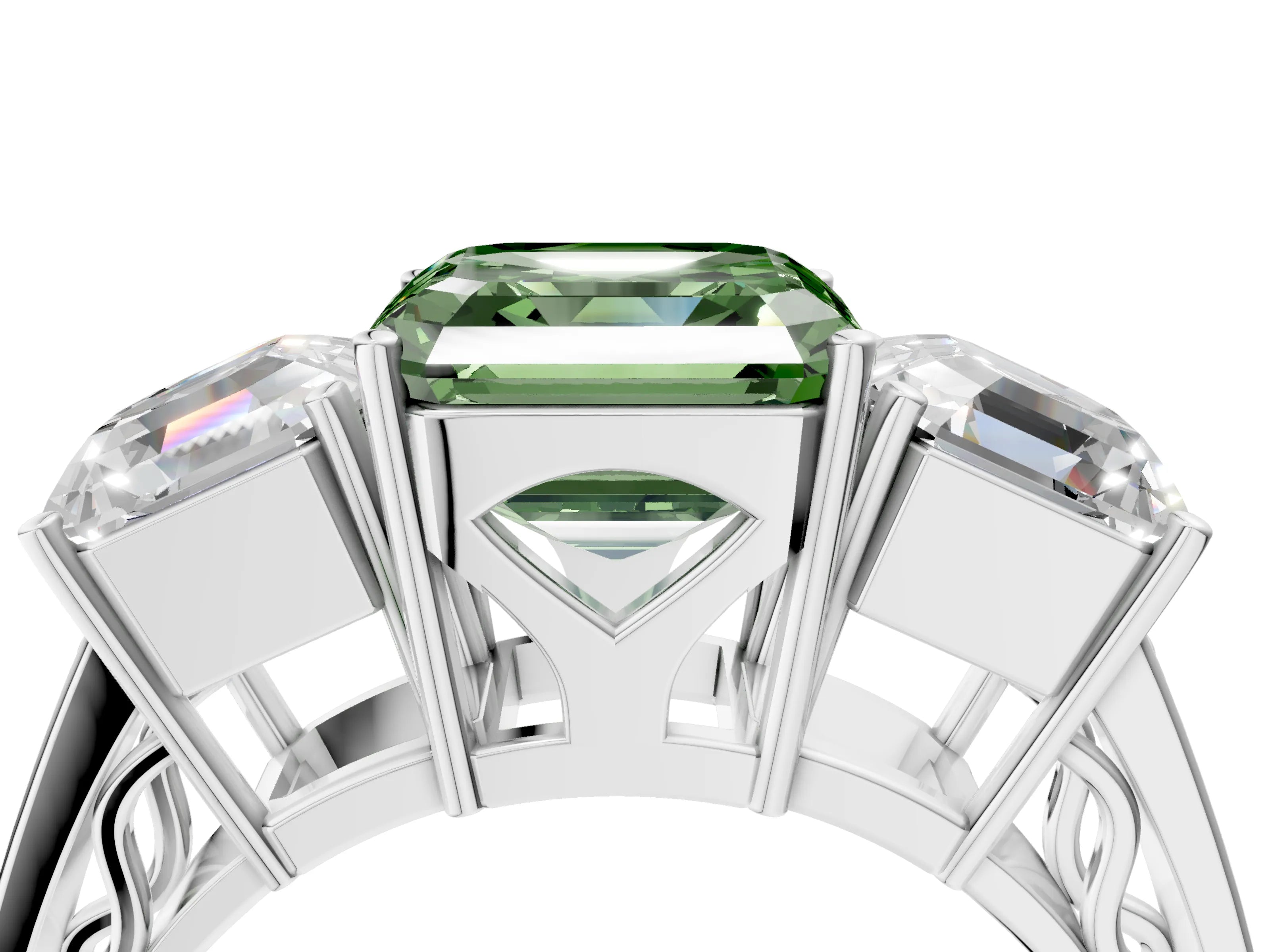 White gold Fancy Green Asscher Cut Diamond Three-Stone Ring with Prong Setting and Textured Band_39