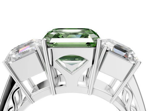 White gold Fancy Green Asscher Cut Diamond Three-Stone Ring with Prong Setting and Textured Band_39