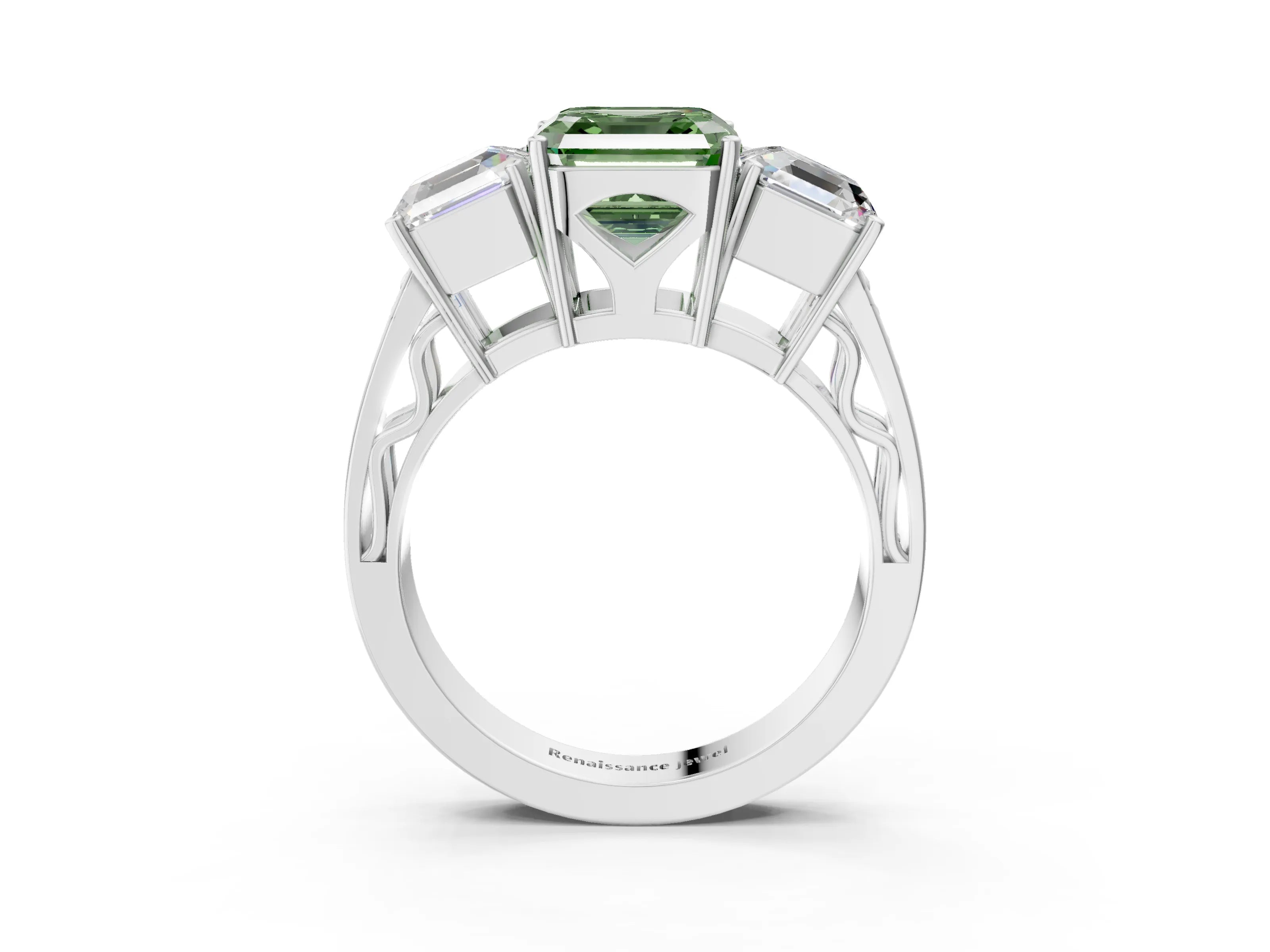 White gold Fancy Green Asscher Cut Diamond Three-Stone Ring with Prong Setting and Textured Band_3