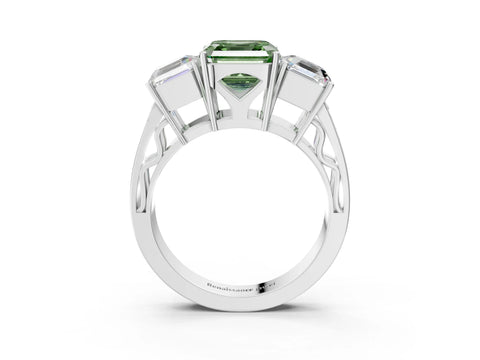 White gold Fancy Green Asscher Cut Diamond Three-Stone Ring with Prong Setting and Textured Band_3