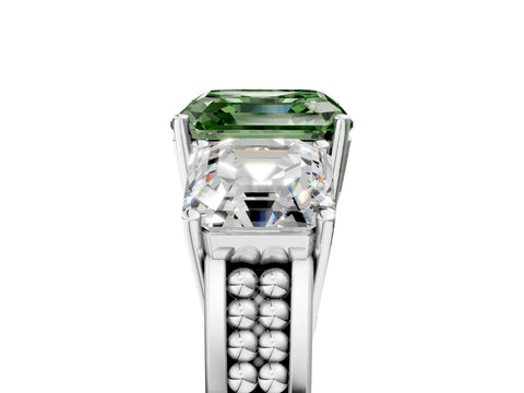 White gold Fancy Green Asscher Cut Diamond Three-Stone Ring with Prong Setting and Textured Band_5