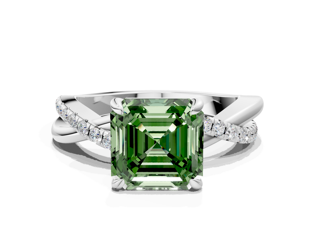White gold Fancy Green Asscher  Cut Diamond Twist Band Solitaire with Prong Setting_17