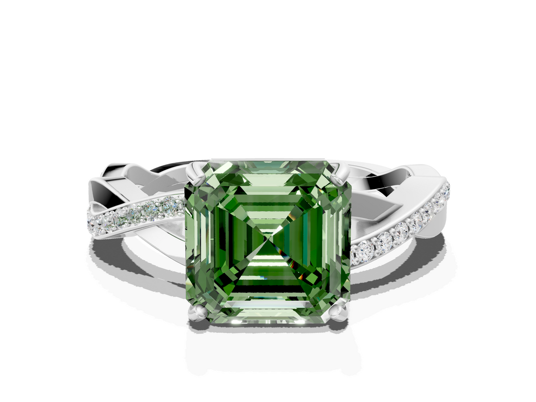 White gold Fancy Green Asscher  Cut Diamond Twisted Band Engagement Ring with Prong Setting_3